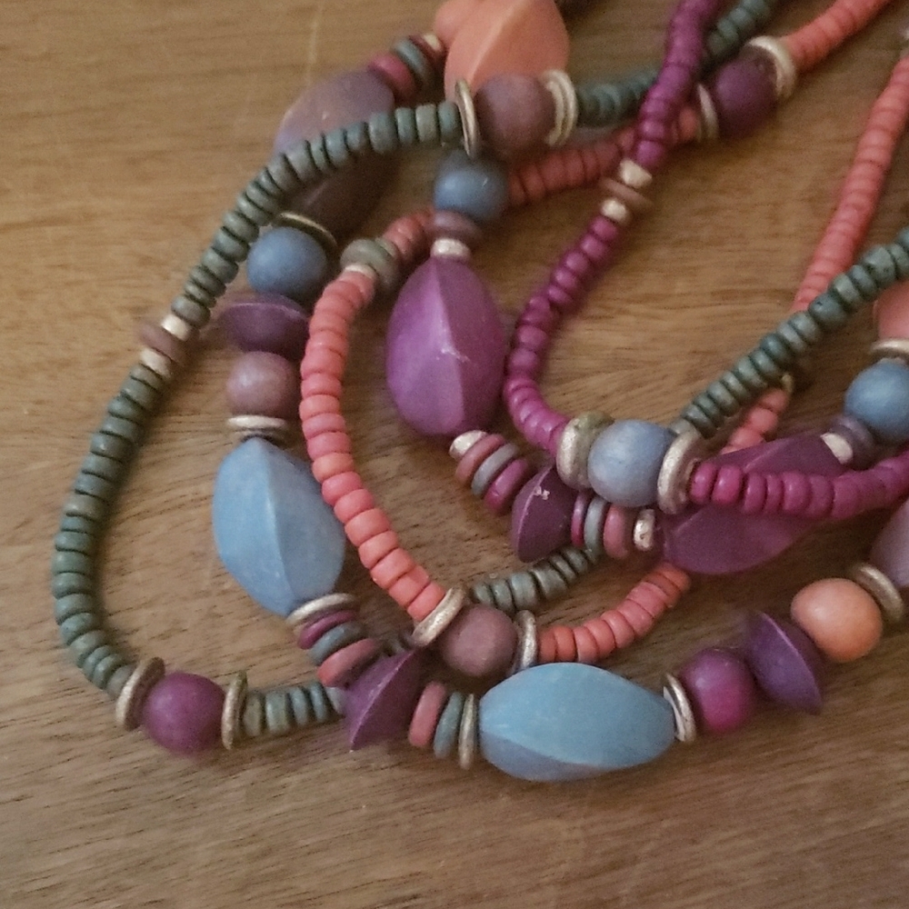 Beaded Solid String Style Layered Wooden Necklace Vintage Boho Handmade 14 inch